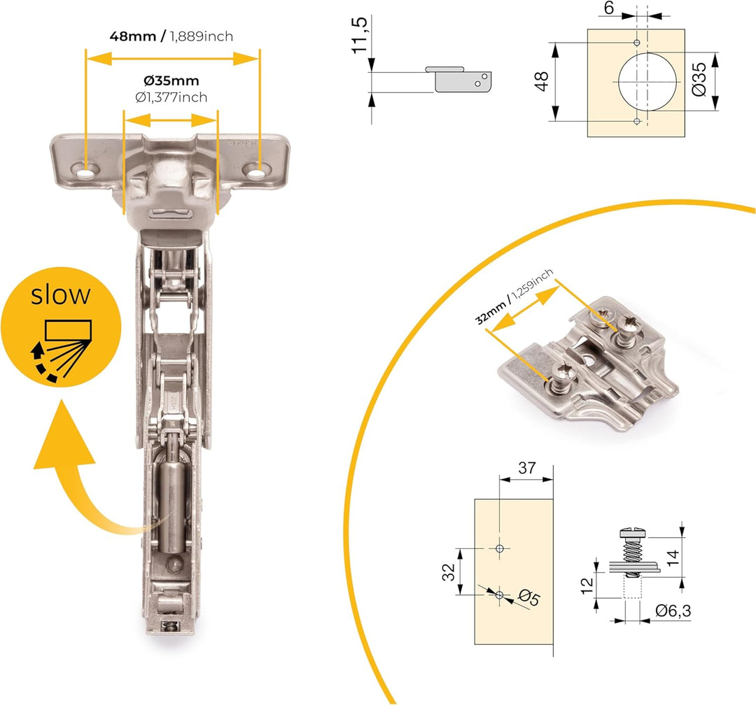 Emuca 1013107 Pack aus 10 Topfscharnieren Ø35mm 165° mit sanftem Verschluss für sich halb überlappen