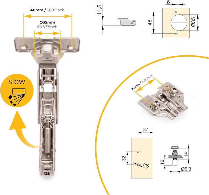 Emuca 1013107 Pack aus 10 Topfscharnieren Ø35mm 165° mit sanftem Verschluss für sich halb überlappen