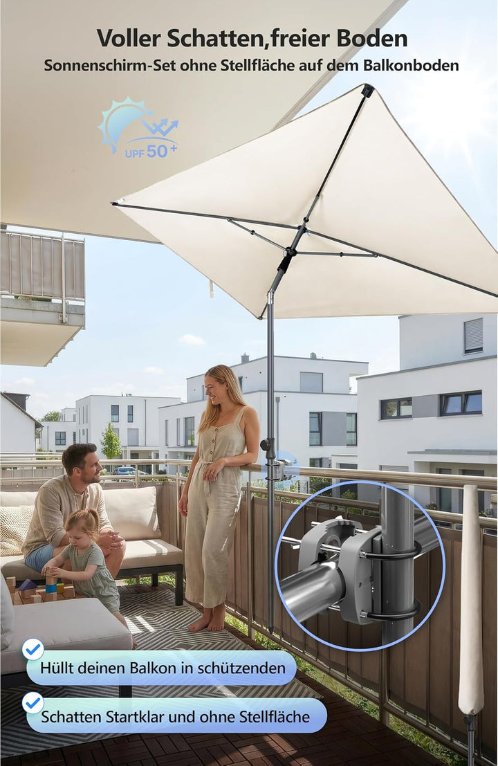 4smile Sonnenschirm Balkon im Set – Sonnenschirm rechteckig 210×140 cm, UV 50+ Sonnenschutz Balkon,