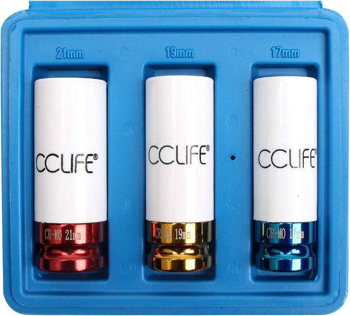 CCLIFE 3tlg Steckschlüsselsatz Schoneinsätze 1/2" Alufelgen 17 19 21mm Cr-Mo Schlagschrauber Nüsse S