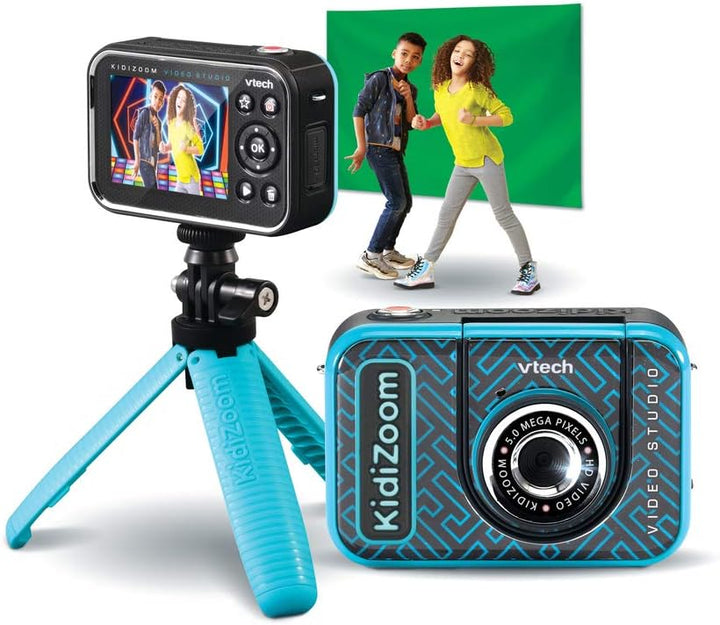 VTech Kidizoom Video Studio HD blau – Kinderkamera mit Greenscreen, Stativ, Effekten, Selfielinse un