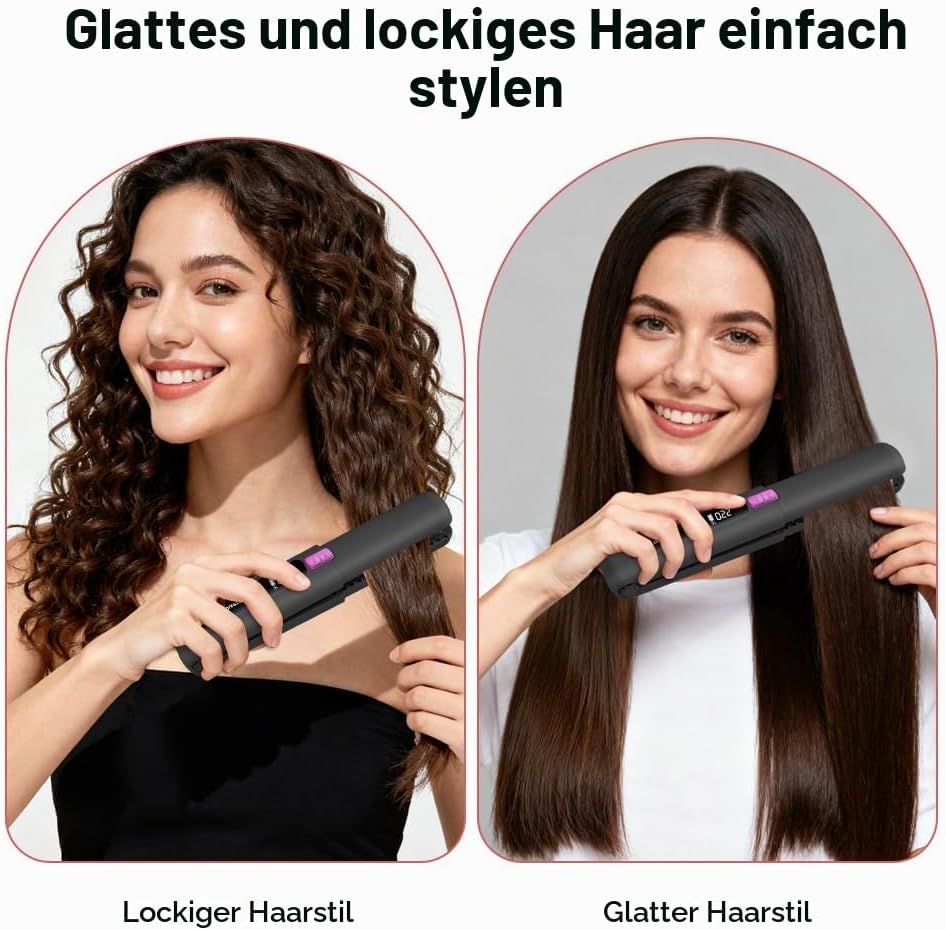 2 in 1 Glätteisen, 4500mAh Haarglätteisen, Kabellos Haarglätter, Keramik-Turmalin-Beschichtung, Weni