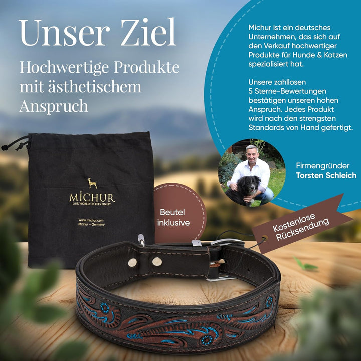 MICHUR Luis Hundehalsband Leder, Lederhalsband Hund, Halsband, Braun mit blauen Akzenten und schönem