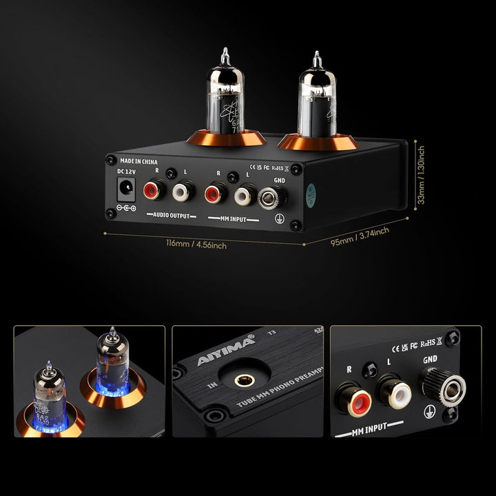 AIYIMA T3 Röhren HiFi MM Phono Vorverstärker für Plattenspieler-Vorverstärker mit Gain-Stereo-Audio
