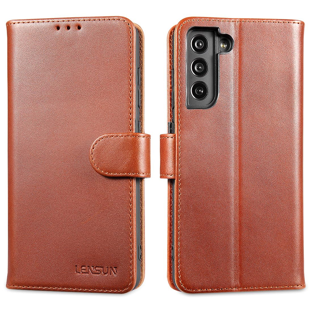 LENSUN Echtleder Hülle für Samsung Galaxy S21 FE, Handyhülle [Premium Echtes Leder] [Kartenfach] [RF