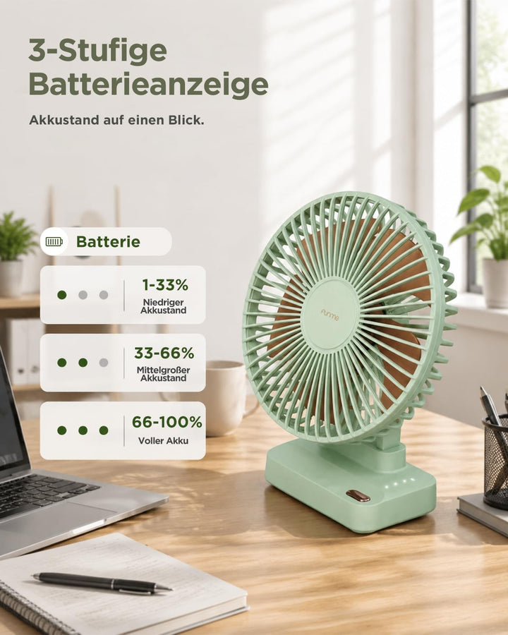 Funme Tischventilator 10000mAh Akku 29H, 90° Neigbar 3-Stufen Desktop Ventilator Leiser, Ventilator