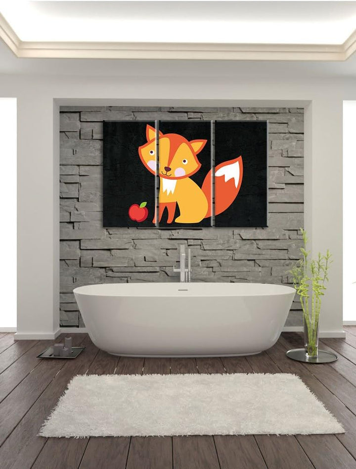 Pixxprint Niedlicher Fuchs mit Apfels als Leinwandbild/Grösse: 3 Teilig (120x80) cm/Wandbild/Kunstdr