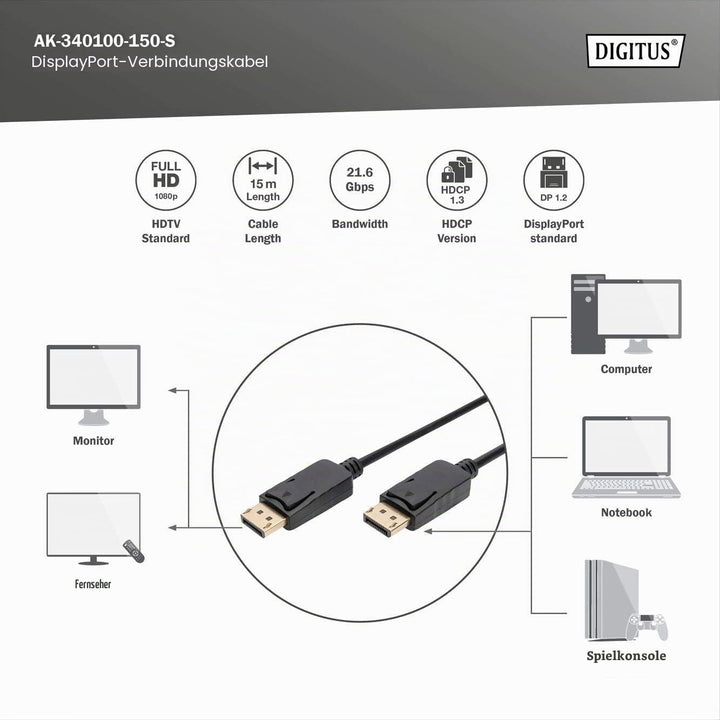 DIGITUS DisplayPort Anschlusskabel, DP St/St, 15.0m, m/interlock, Full HD 1080p - Schwarz Polybag 15