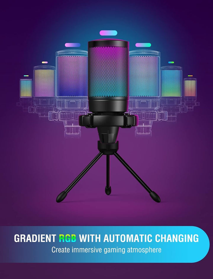 FIFINE USB Gaming Mikrofon, RGB Kondensator Mikrofone PC PS4 PS5, USB C Microphone mit Stummschaltta