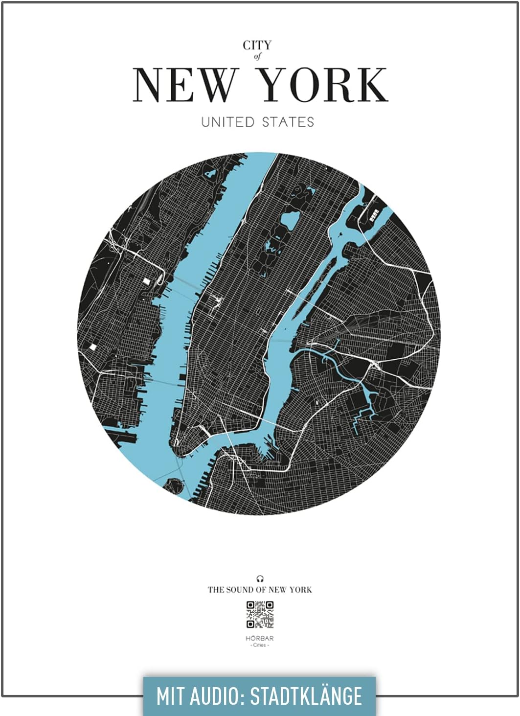 VALINA HÖRBAR CITIES | HÖRBILD | The Sound of New York | Gerahmt Weisser Rahmen 32,5cm 42,5cm, Weiss