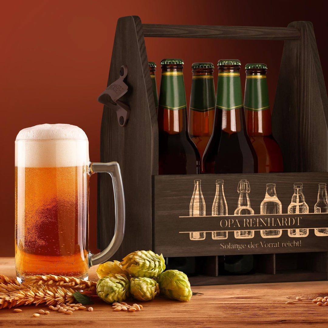 Maverton Bierträger für 6 Flaschen 0,5L + Gravur - Männerhandtasche mit Flaschenöffner - Grösse: 25x