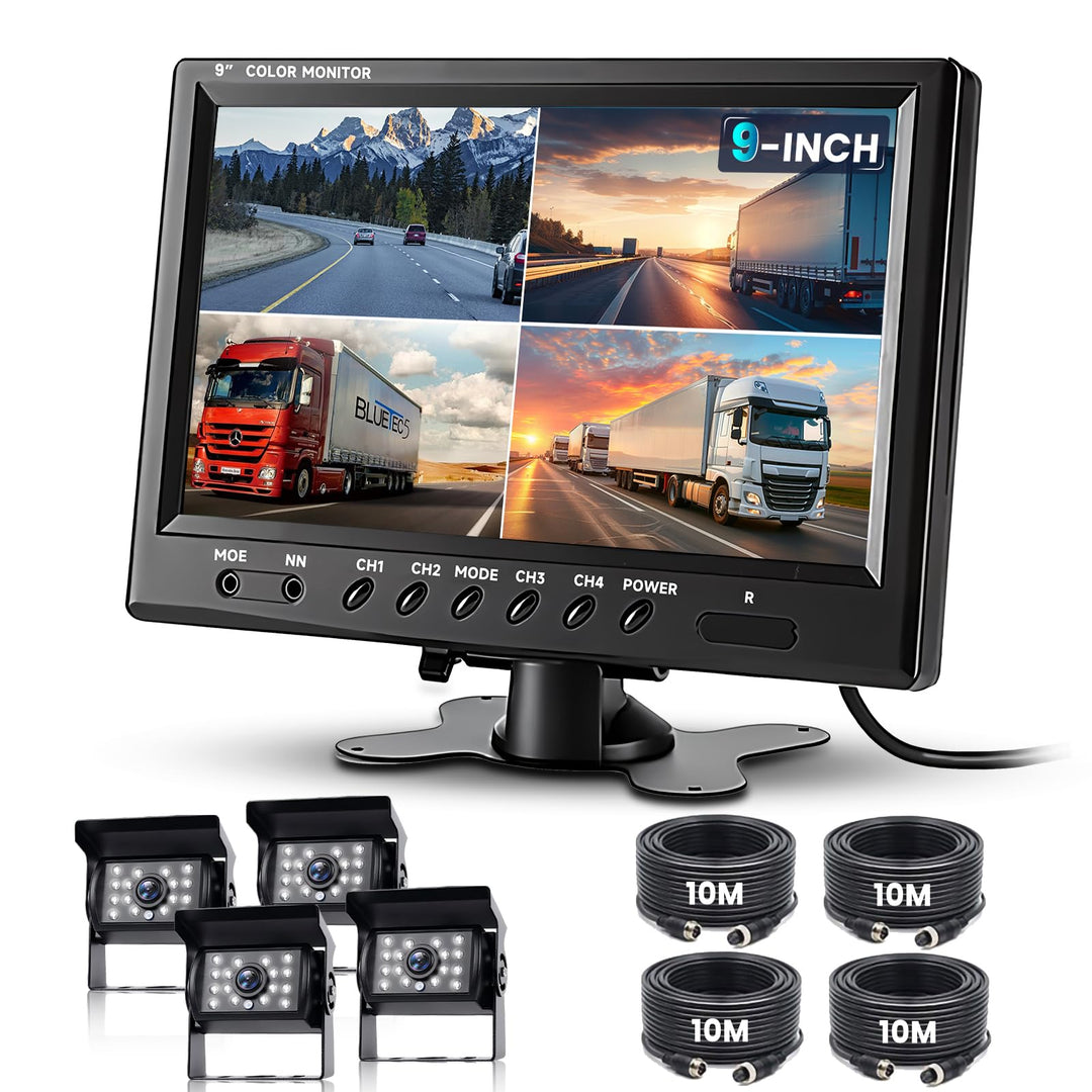 Podofo Vans RV Rückfahrkamera Set, 9 Zoll Monitor 4 Kameras, 4-Geteiltes Display 4-Kanal Video, IP68