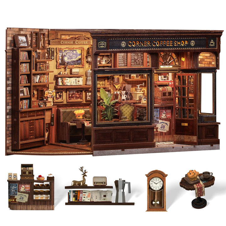 Cutefun Book Nook Kit mit LED-Beleuchtung & Staubschutzhülle - DIY Miniature House Holzmodell Puppen