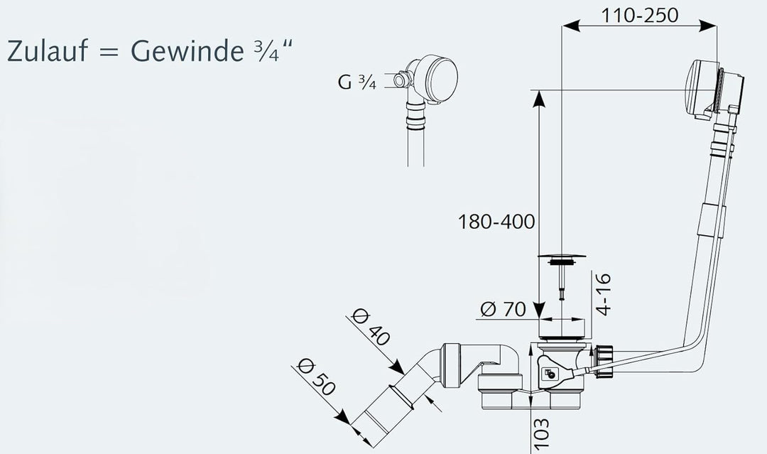 AQUADE Exzenter Ab- und Überlaufgarnitur mit Zulauf für Badewannen und Whirlpools Ablauf Überlauf mi