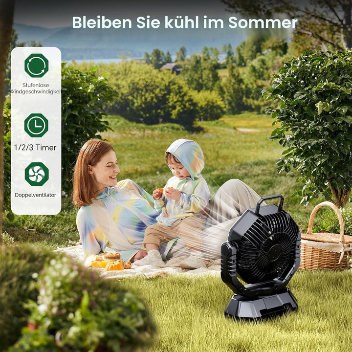 AJVV Camping Ventilator mit akku 20000mAh, Akku Ventilator mit Fernbedienung/LED Licht/270° Drehung,
