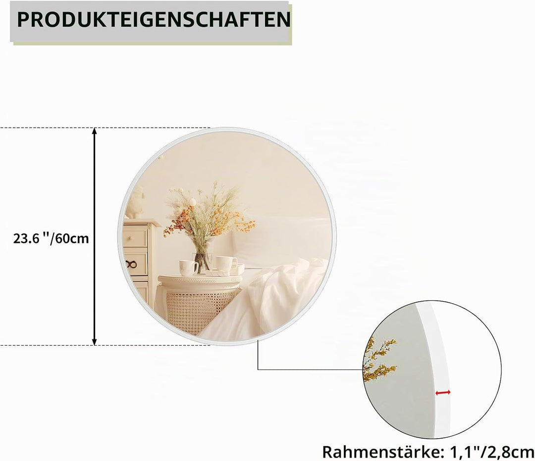 60 x 60 cm grosser runder Wandspiegel mit Metallrahmen, weisser gebürsteter Rahmen, HD-Glasspiegel f