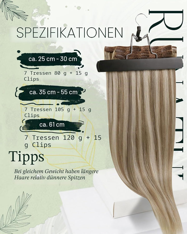 RUNATURE Extensions Echthaar Clip in Highlights Blond Braun 50cm Invisible Hair Extensions Clip in B