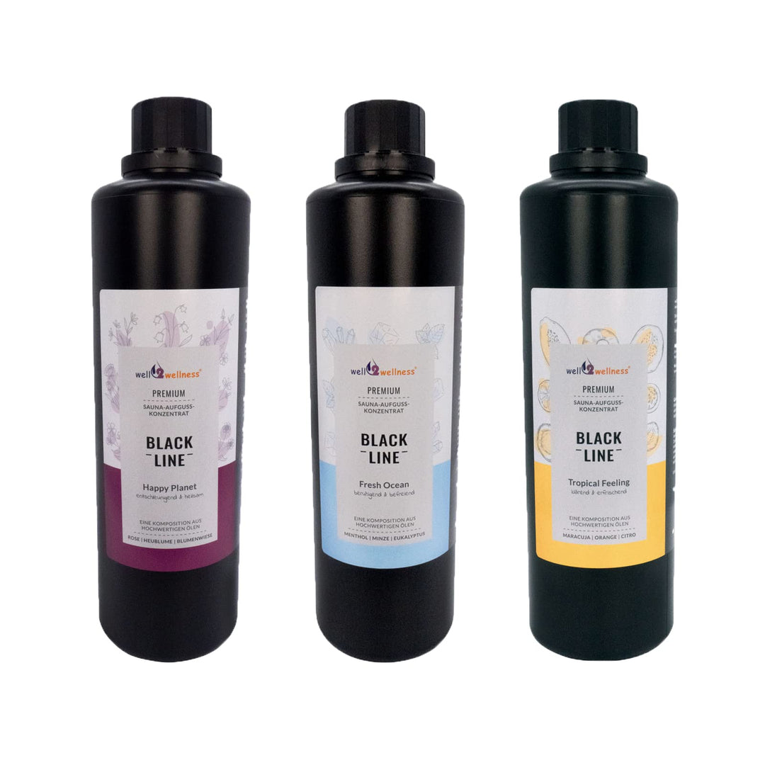 Black Line Saunaaufguss Saunaduft Geschenkset 3 x 500 ml mit Happy Planet, Tropical Feeling und Fres