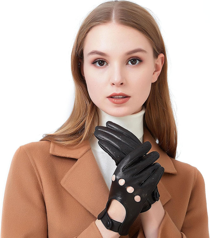 Damen Retro Weiche nd Dünne Lammfell Leder Touchscreen Fahrhandschuhe mit Maschige Medium(16.5-17.78