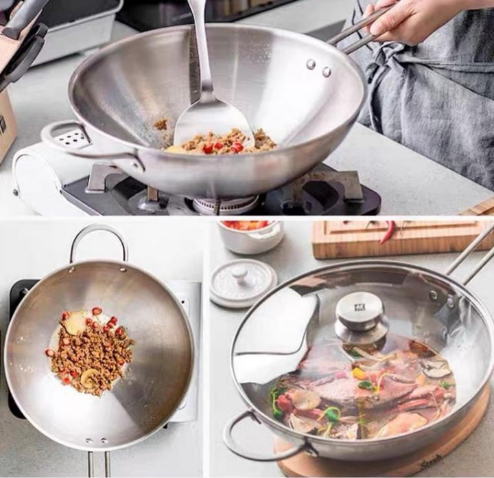 Zwilling TwinNova 3 Wok pfanne Induktion 30 cm mit Glasdeckel, 2 tlg, Asiatische Wokpfanne Unbeschic