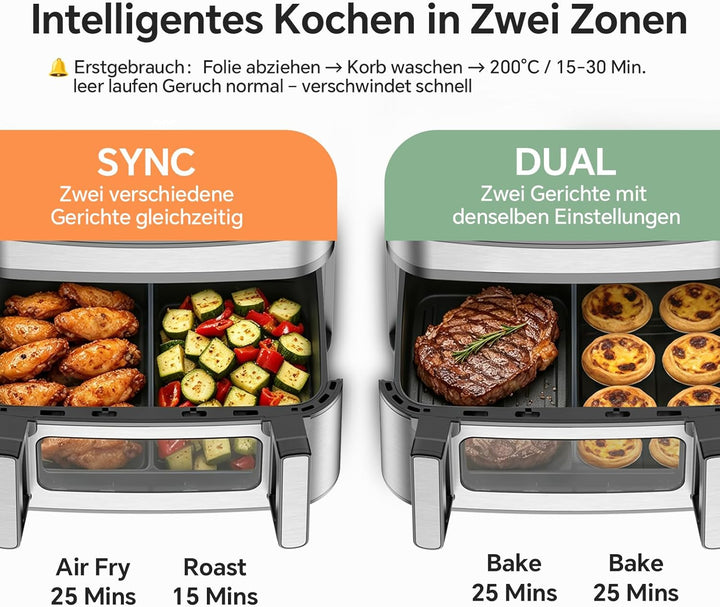 Heissluftfritteuse 12L 2 Kammern – 2600W Airfryer, XXL Heissluftfritteuse mit Ober und Unterhitze, 1