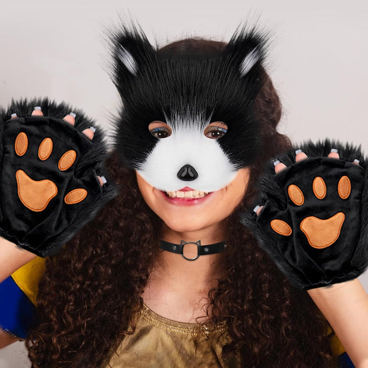 YumSur Kunstpelz Fuchsschwanz Katze Wolf Cosplay Kostüm Set Plüsch Maske Flauschige Pfotenhandschuhe