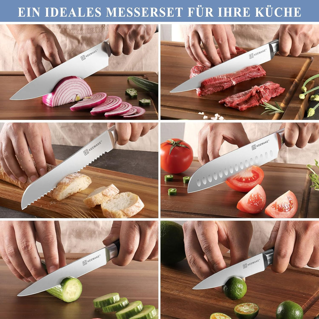 KEEMAKE Messerset mit Messerblock, 7-teilig Küchenmesser Set mit Holzblock, Scharfe Kochmesser aus E