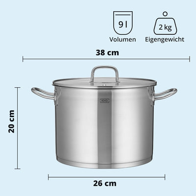 KHG Topf Kochtopf 26 cm, 9 Liter Induktion, Edelstahl unbeschichtet inkl. Glasdeckel - XXL Suppentop