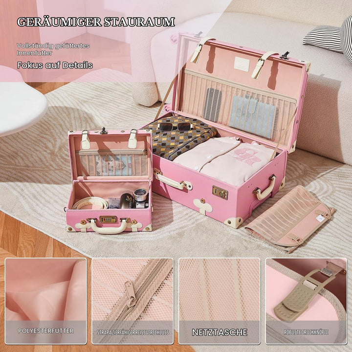 Unitravel Vintage Koffer Set 2 Teilig, Retro PU-Leder Handgepäck Koffer mit Kosmetikkoffer, Hell Ros