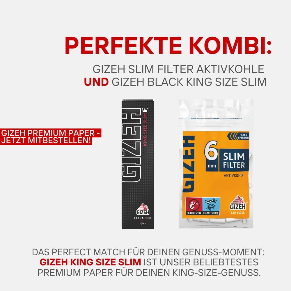 GIZEH Slim Filter Aktivkohle 6 mm Durchmesser – 20er Pack á 120 Filter in 15 mm Länge - Aktivkohle F