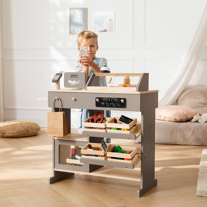 howa Kaufladen - Kaufmannsladen aus Holz, mit Spielkasse und Spielzeugkartenleser, Tafel für Kreide,