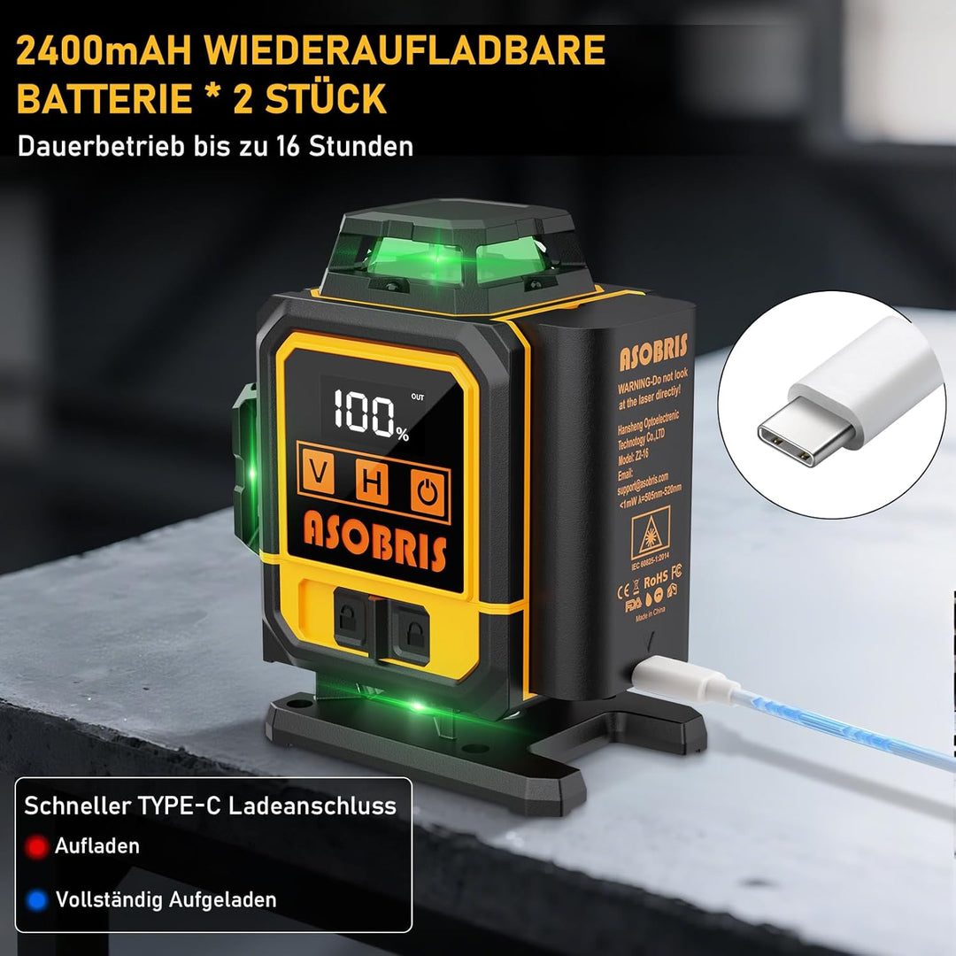 Kreuzlinienlaser mit Stativ,ASOBRIS 16 Linienlaser Selbstnivellierend Laser Wasserwaage mit 2x2400mA