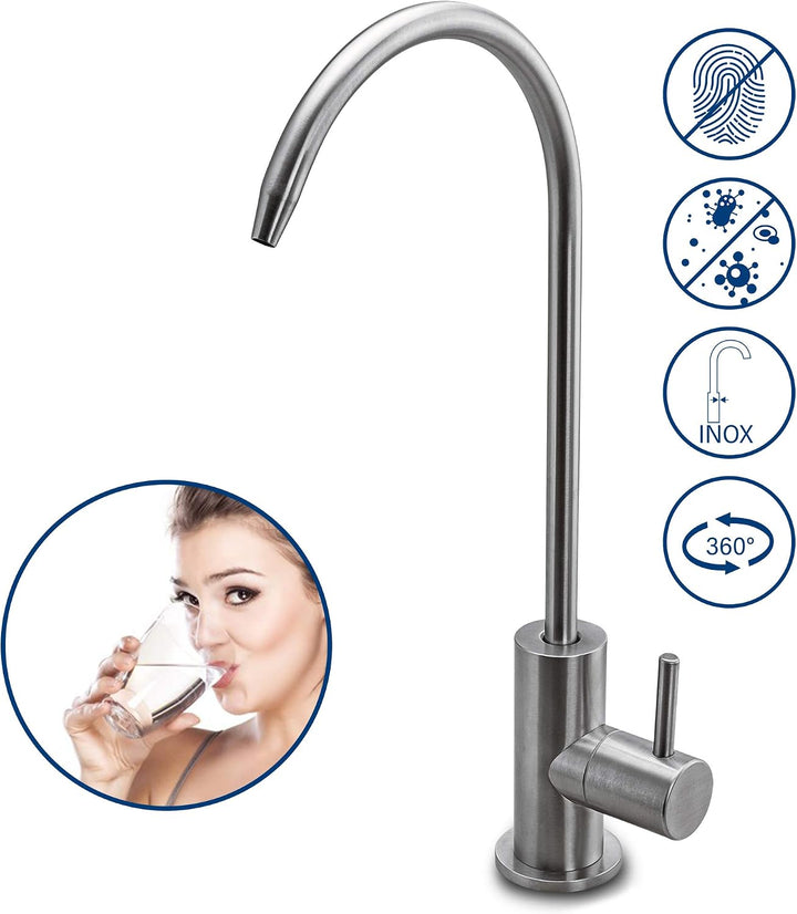 AORA® | Ein-Weg-Osmose-Wasserhahn SOFIA Edelstahl massiv | Edelstahl 304 | 360° schwenkbar | Ein-Weg