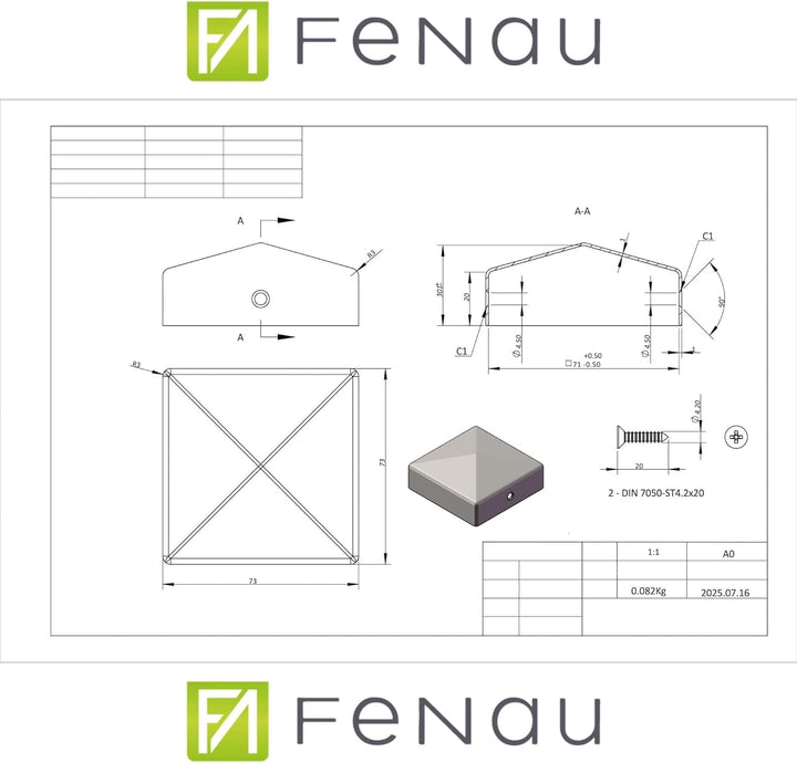 FeNau 10er Set Pfostenkappe 7x7 cm verzinkt - Pyramide Holzzaun Abdeckung inkl. 20 Schrauben Stahl,