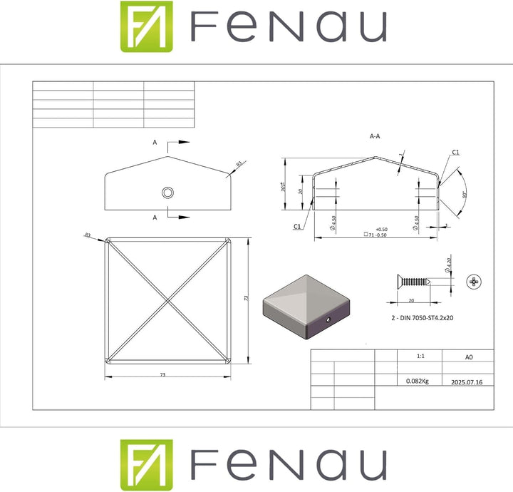 FeNau 10er Set Pfostenkappe 7x7 cm Edelstahl V2A matt - Holzzaun rostfrei inkl. 20 Schrauben Edelsta
