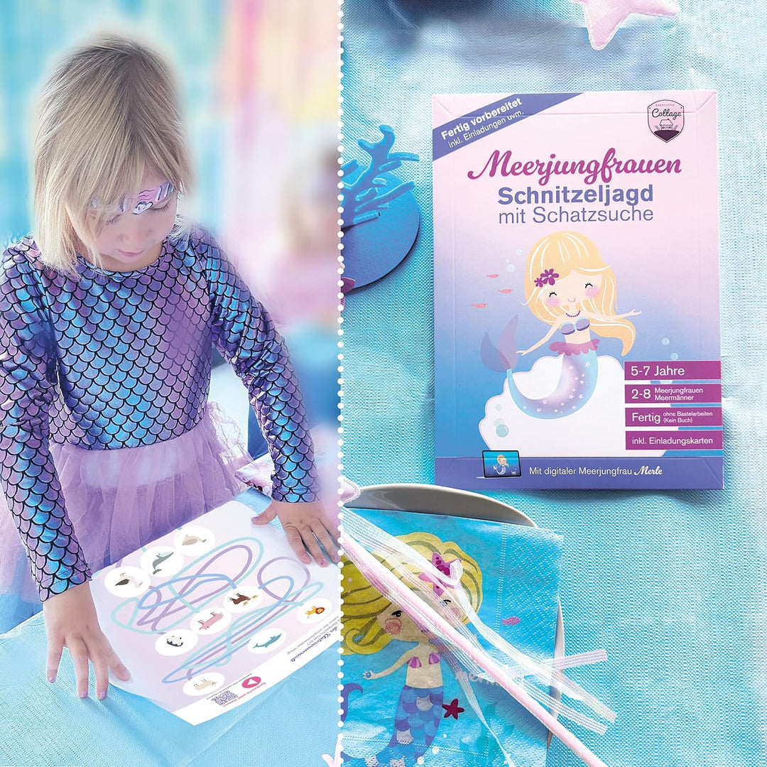Schnitzeljagd Schatzsuche Meerjungfrau, 5-7 Jahre – Komplettes Set mit Einladungskarten digitaler Me