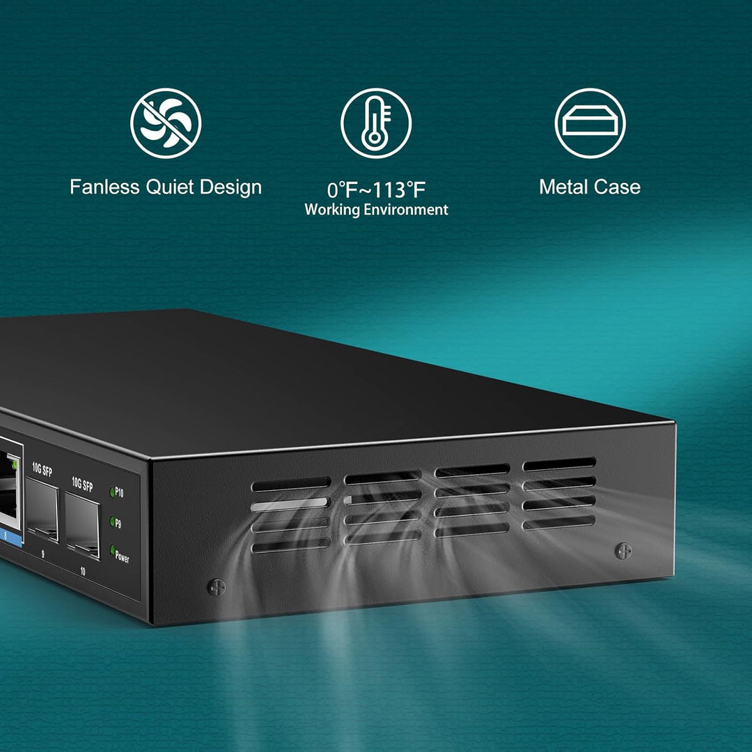 10-Port 2,5G Unmanaged Netzwerk Switch, 8X 2,5Gbase-T Ethernet Ports, 2X 10G SFP+, 120Gbps Switching