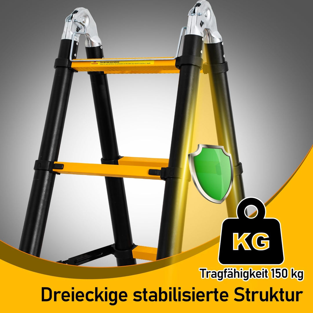 Eulenke teleskopleiter klappleiter 1,9M+1,9M Aluleiter 6+6 Stufen Stehleiter Klappleiter, 150 kg Bel