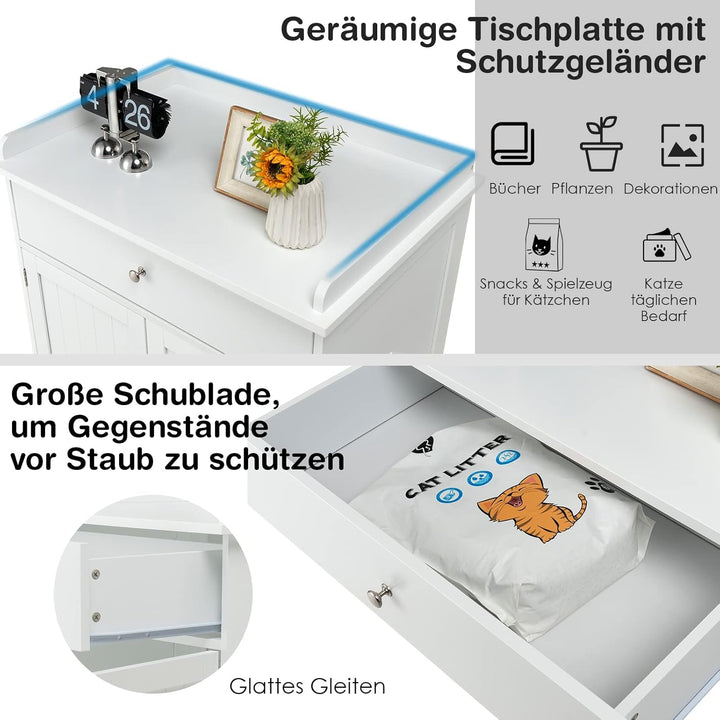COSTWAY Katzenschrank mit Schublade & Tür & Eingang, 3-in-1 Katzenhaus Katzentoilette Beistelltisch,