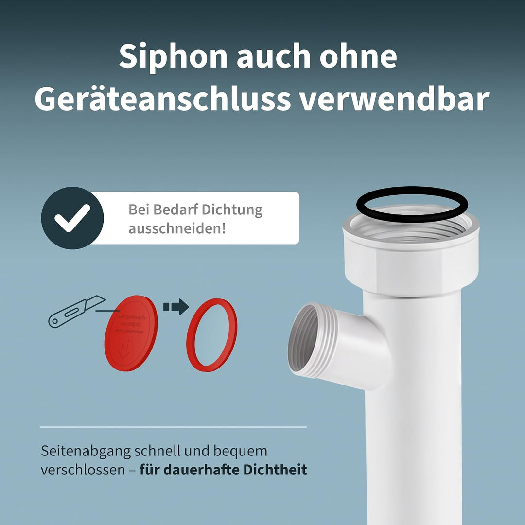 AQUADE Röhrengeruchsverschluss 1 1/2 Zoll Raumsparsiphon mit waagerechtem Abgang 40 mm und 1 Abwasse