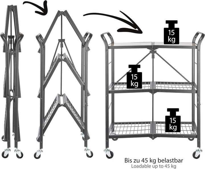 ONVAYA® Küchenwagen James klappbar | Servierwagen klappbar | Etagenwagen | Beistellwagen | Grau | Kü