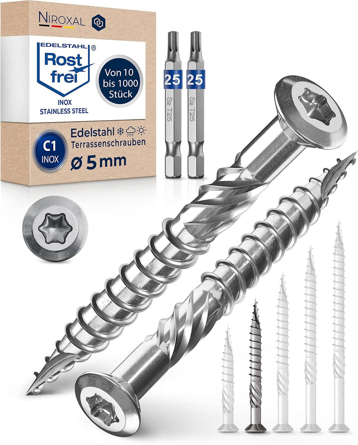 1000 Stück Terrassenschrauben 5 x 50 mm lang | PERFEKT für 20 mm Terrassendielen | rostfreier gehärt