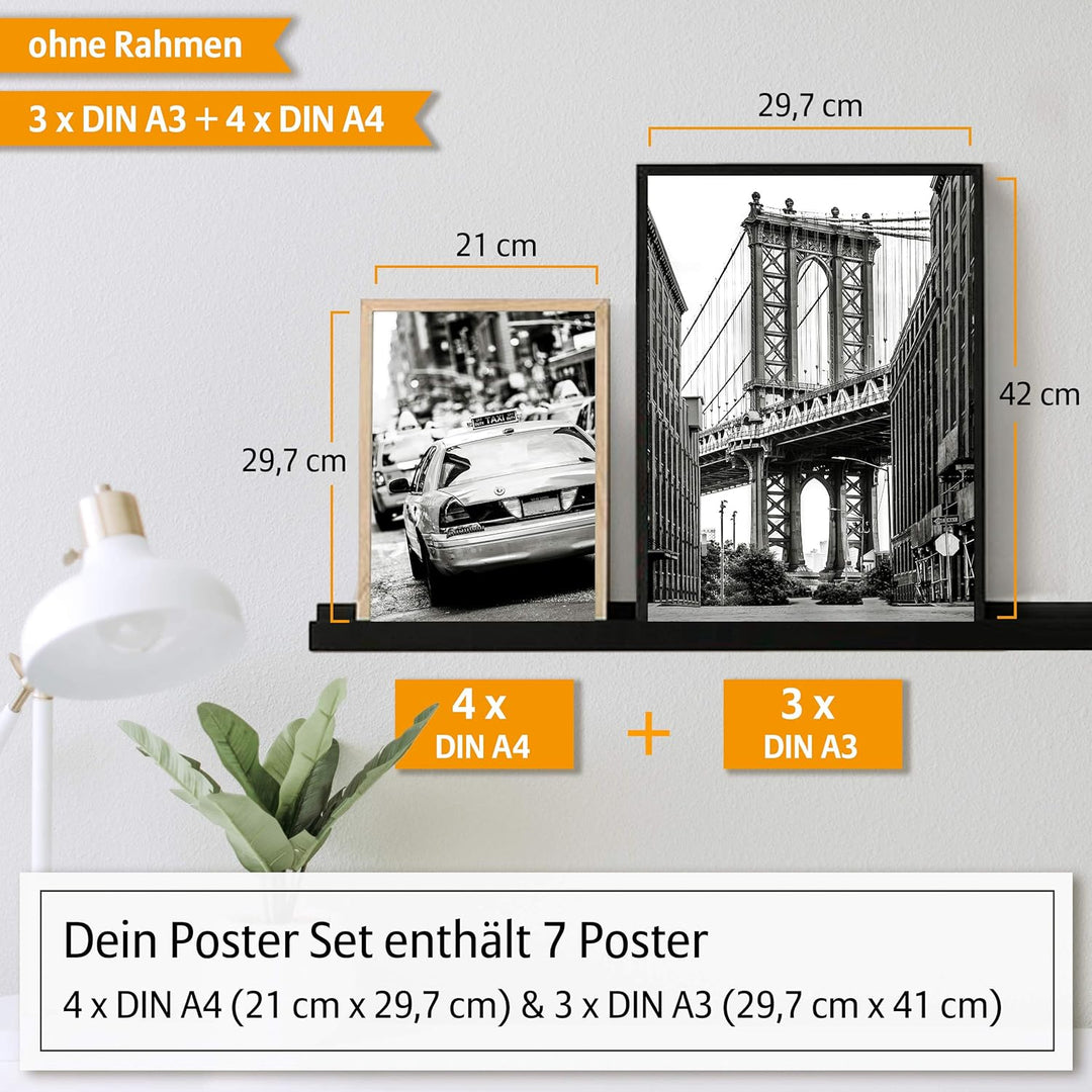 Hyggelig Home Premium Poster Set - 7 schwarz weiss Bilder im Set - Deko Skyline Manhattan- Set New Y