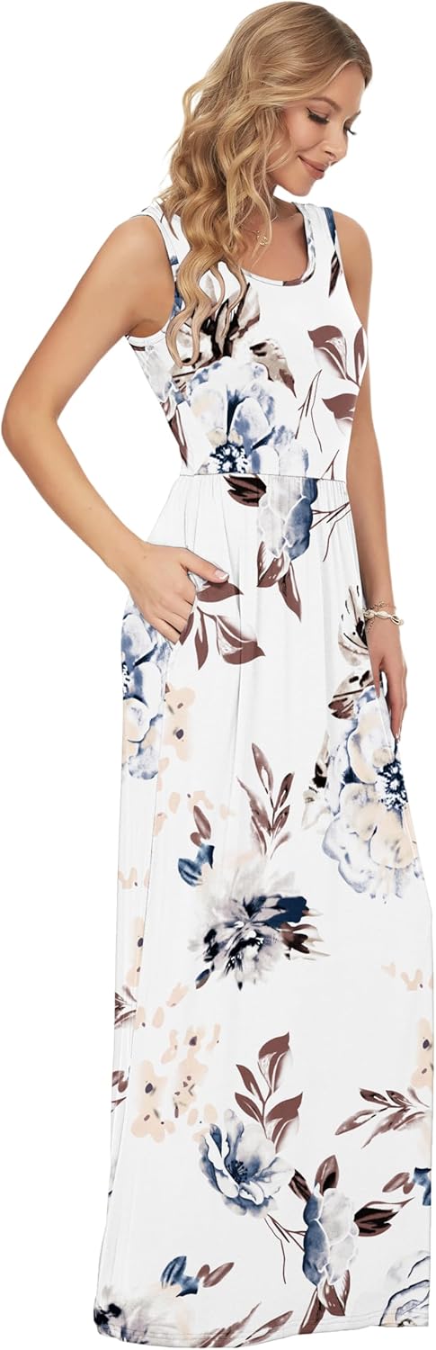 AUSELILY Damen Sommer Ärmelloses Lockeres Maxikleid Lässiges Langes Kleid mit Taschen Weisse Blumen
