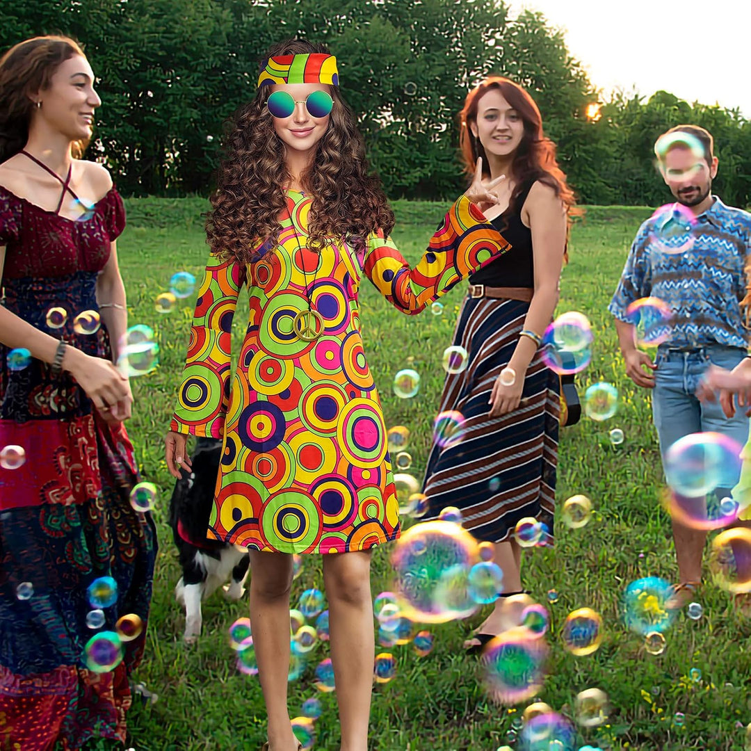 Damen-Hippie-Kleid, 1970er-Kostüm, mit Halskette, Ohrringen, Sonnenbrille, Disco-Outfit, 1960er-Part