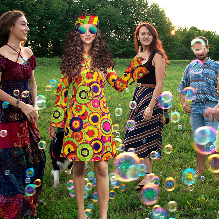 Damen-Hippie-Kleid, 1970er-Kostüm, mit Halskette, Ohrringen, Sonnenbrille, Disco-Outfit, 1960er-Part