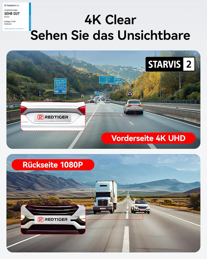 REDTIGER Dashcam Auto Vorne Hinten 4K/2,5K Mit GPS WiFi Dash Cam Auto Dashboard Recorder mit 3,16" I