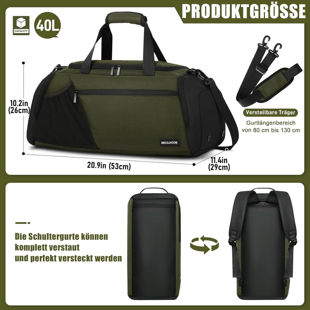 BECOJADDE Sporttasche Herren 40L Gross Sporttaschen Reiserucksack Mehrere Taschen Rucksack mit Schuh