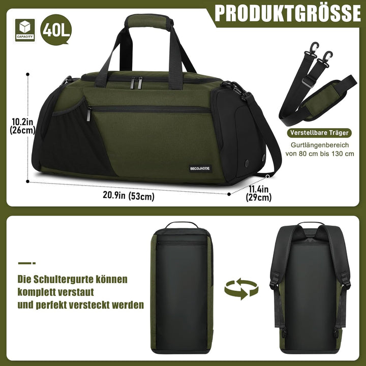 BECOJADDE Sporttasche Herren 40L Gross Sporttaschen Reiserucksack Mehrere Taschen Rucksack mit Schuh