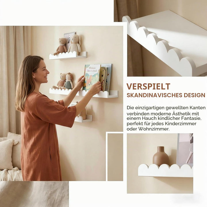 Wandregal Kinderzimmer 3er-Set Massivholz, Montessori Schwebregal 40cm mit sanften Rundungen, Bücher